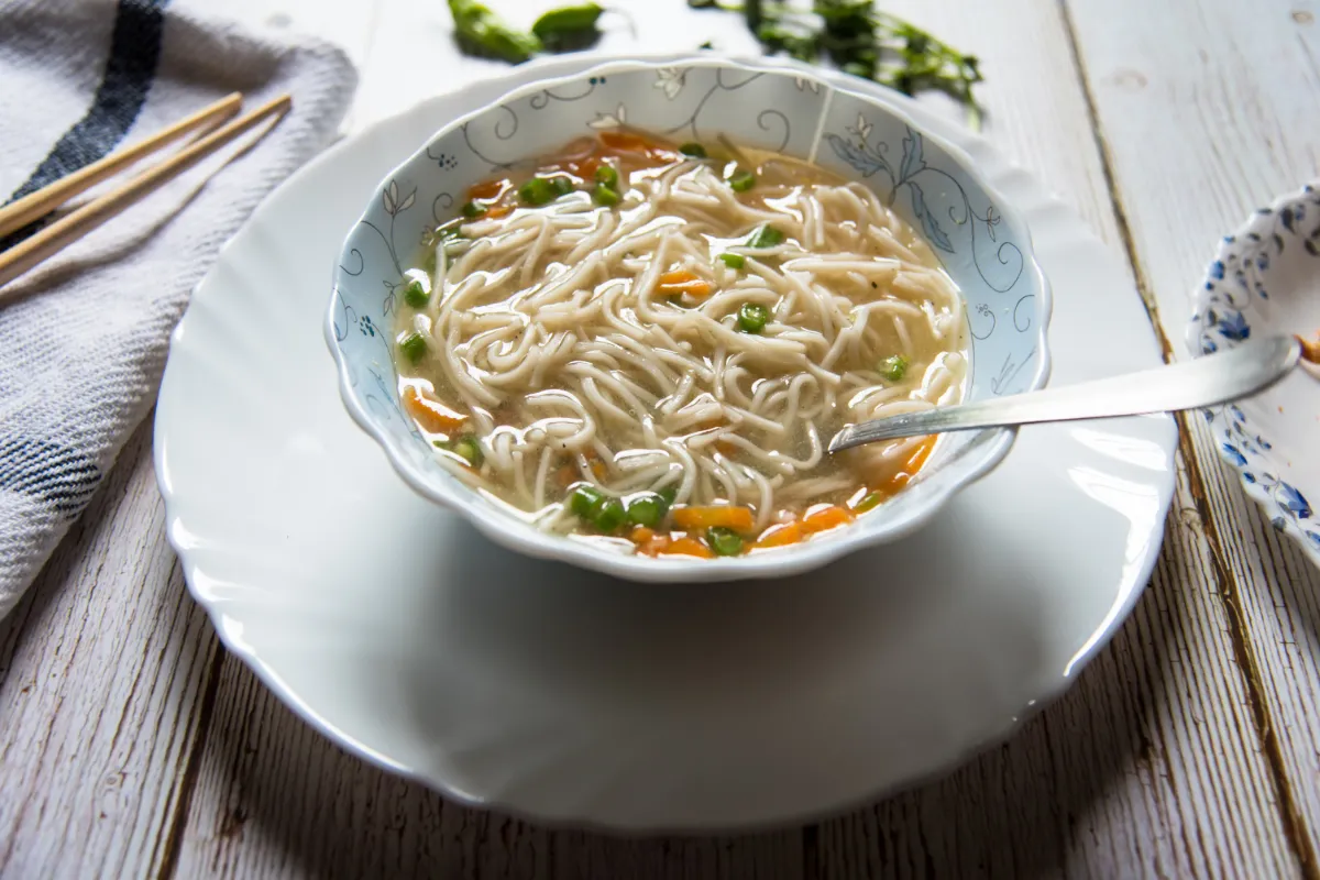 Close up view of noodles in soup called Thukpa